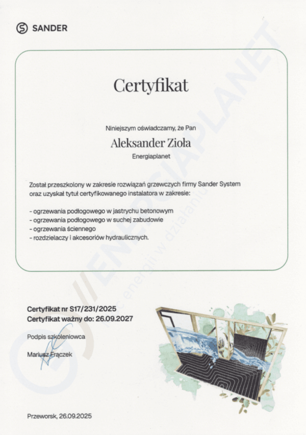 Certyfikat Sander System – ogrzewanie płaszczyznowe