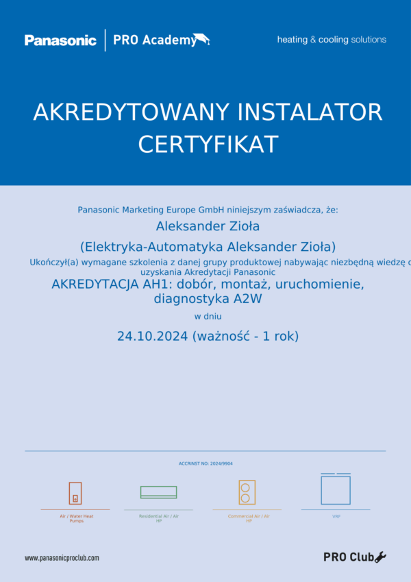 Akredytacja Panasonic Heating & Cooling