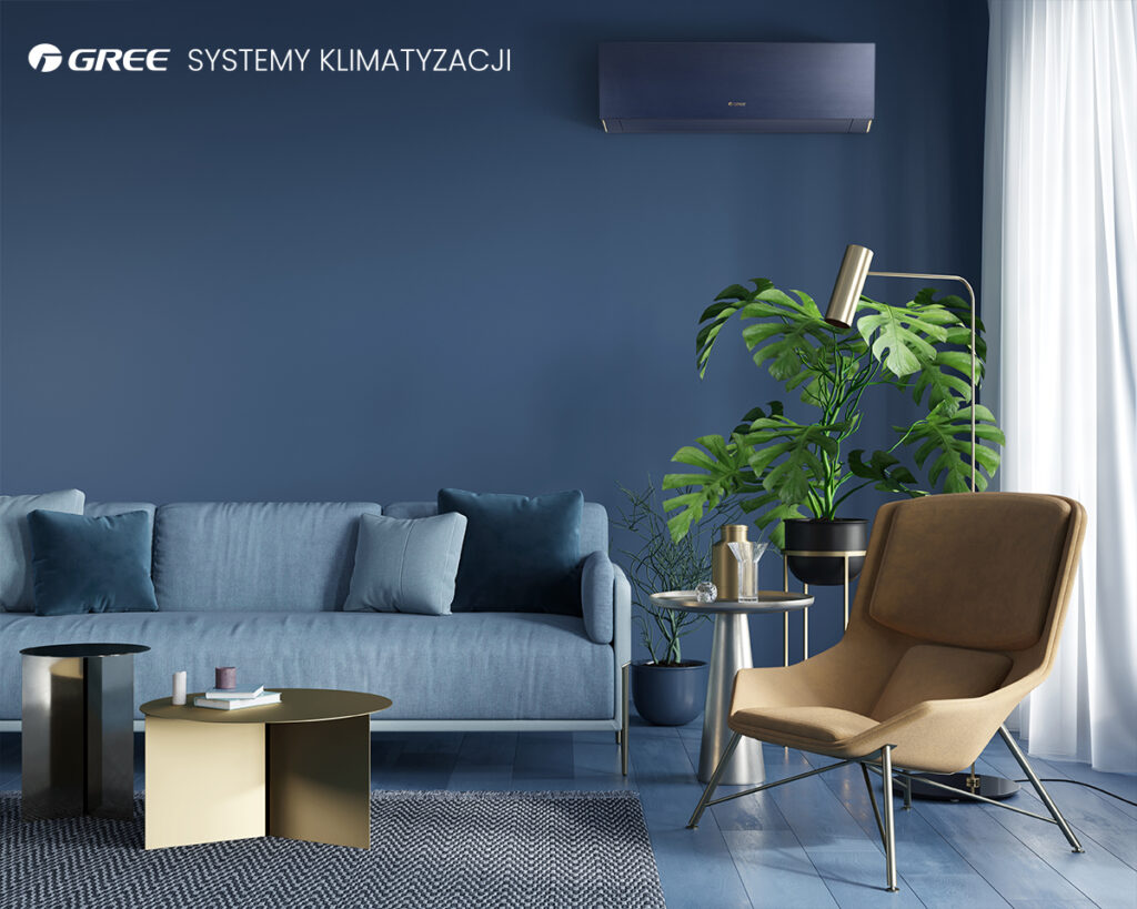 Klimatyzator Gree Clivia Navy Blue w nowoczesnym salonie